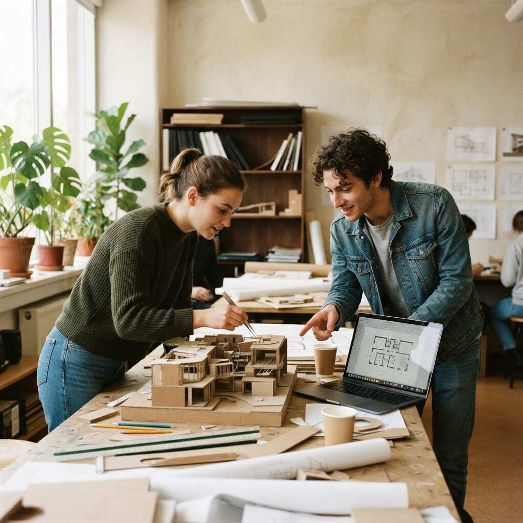 Studenten arbeiten am Architekturmodell